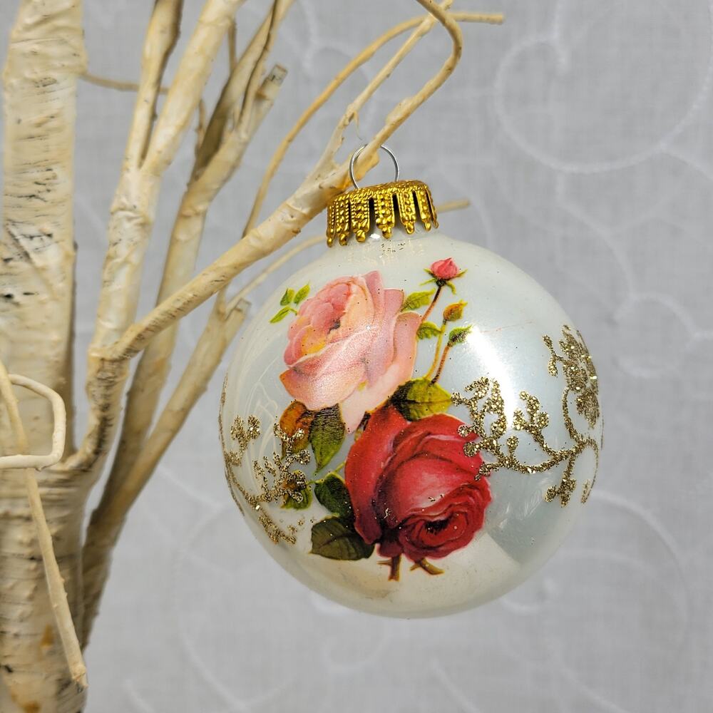 Vtg Christmas by Krebs Rose Ornaments Hand Decorated Glass Ball Crowned Set of 3